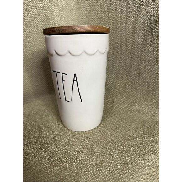 Rae Dunn TEA Cellar Canister Storage Ivory Brown Wood Lid Farmhouse 7” X 4” - Picture 3 of 13